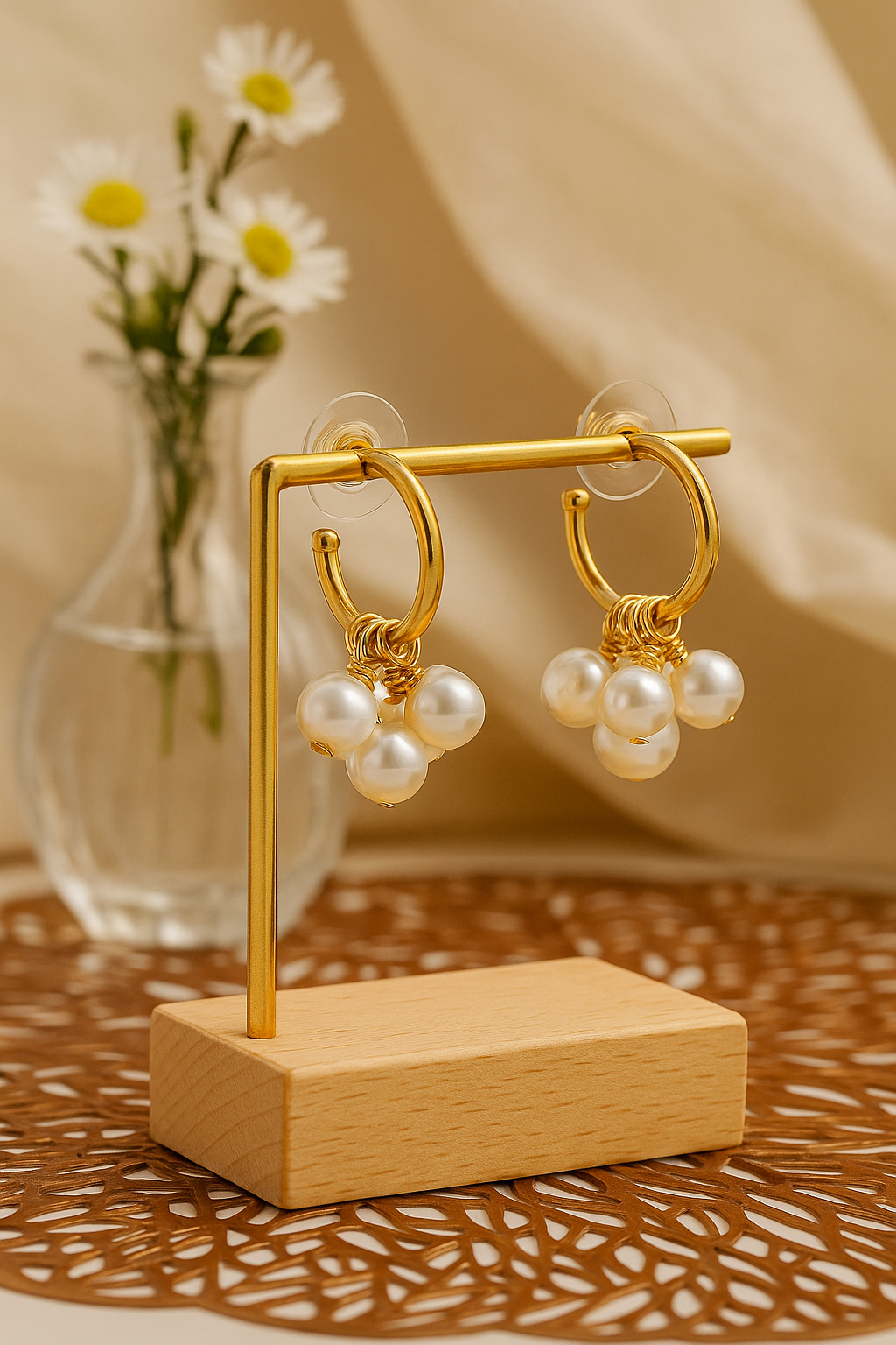 Golden Pearl Cluster Hoops