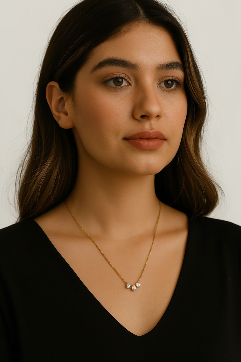 Woman wearing a necklace against a neutral background