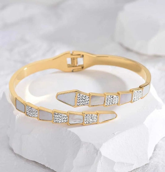 Designer Gold Cuff Bracelet for Women – Anti Tarnish Waterproof Crystal & Pearl Open Bangle