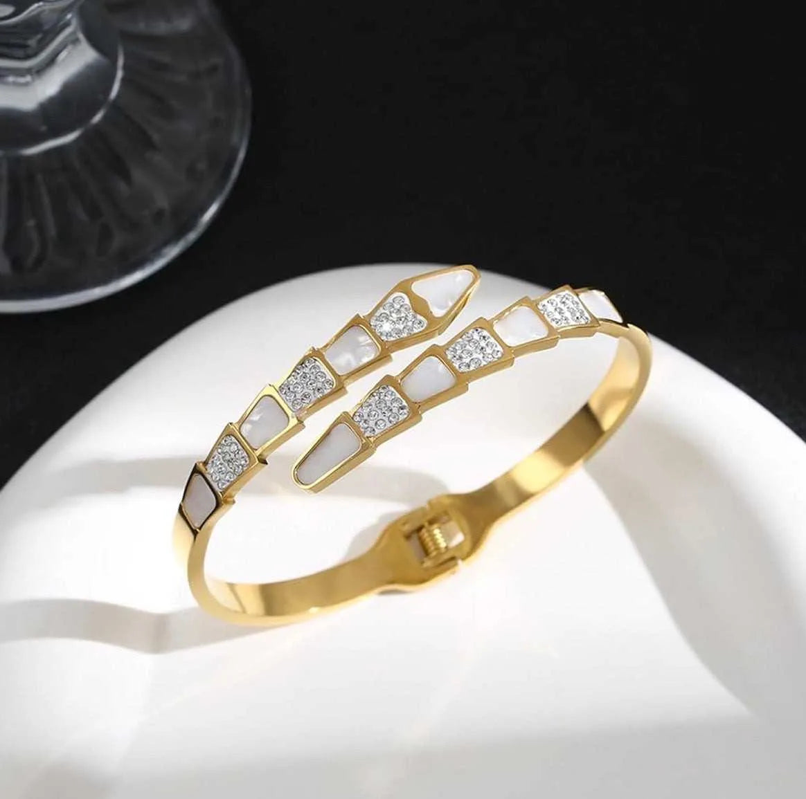Designer Gold Cuff Bracelet for Women – Anti Tarnish Waterproof Crystal & Pearl Open Bangle