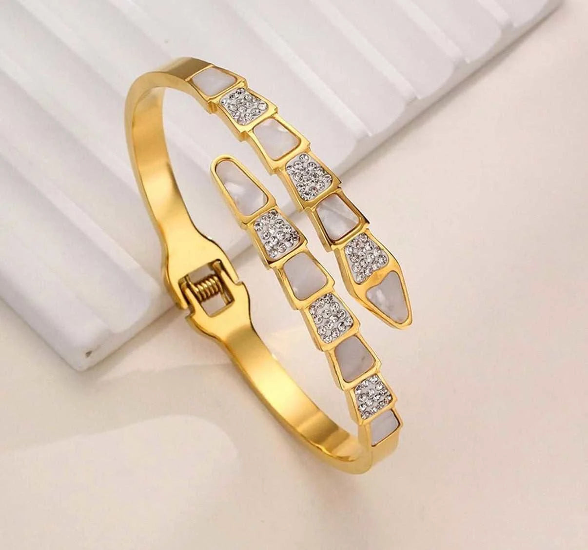 Designer Gold Cuff Bracelet for Women – Anti Tarnish Waterproof Crystal & Pearl Open Bangle