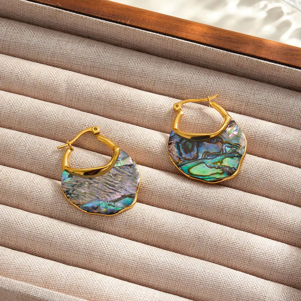 Abalone Shell Gold Hoop Earrings | Waterproof Iridescent Stainless Steel