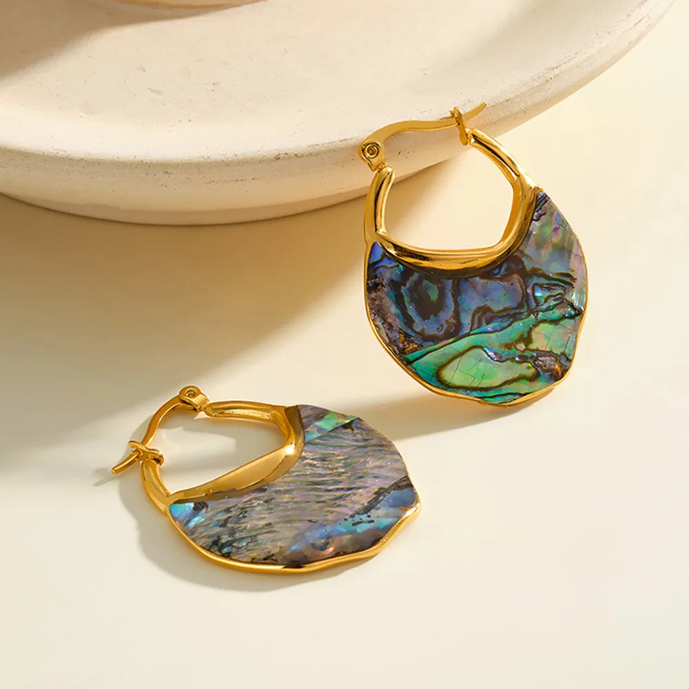 Abalone Shell Gold Hoop Earrings | Waterproof Iridescent Stainless Steel