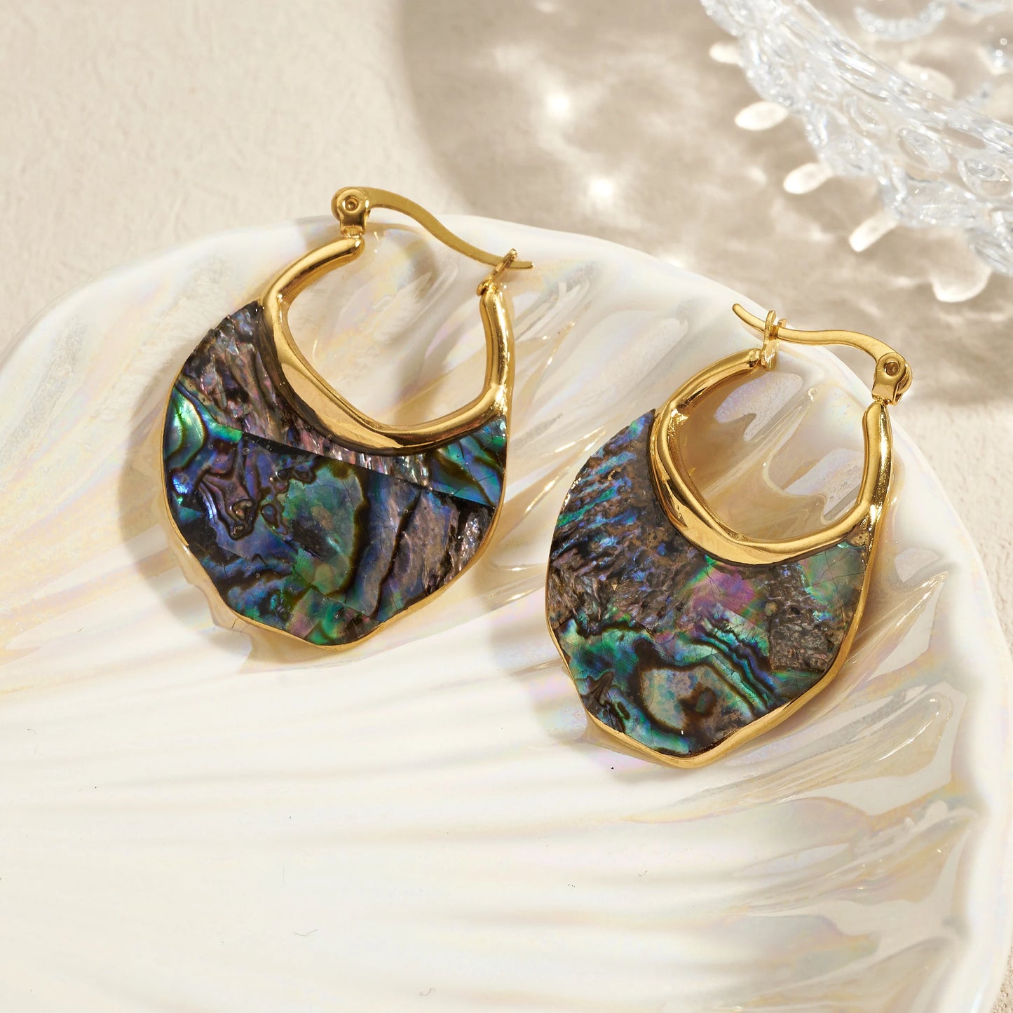 Abalone Shell Gold Hoop Earrings | Waterproof Iridescent Stainless Steel