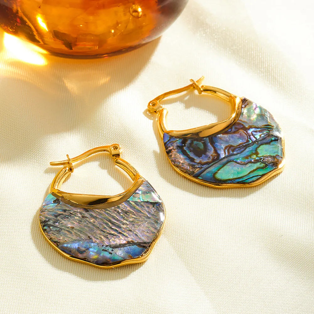 Abalone Shell Gold Hoop Earrings | Waterproof Iridescent Stainless Steel